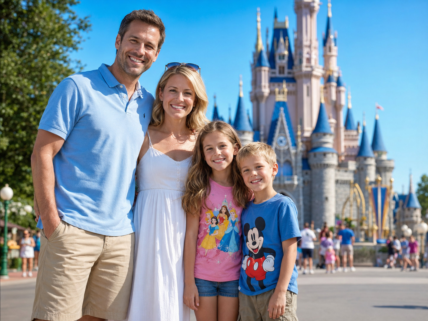 Marcus, Dana, Ellie and Theo in front of Cinderella Castle at the Magic Kingdom